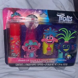 New Trolls Strawberry Lip Balm with Colorful Finger Puppet Toppers